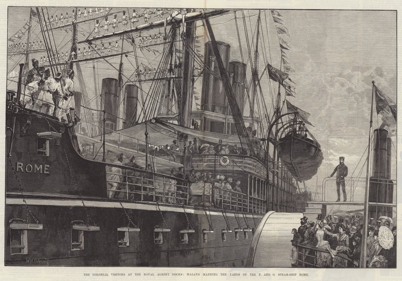 Kolonialni goście w Royal Albert Docks, Malajowie obsługujący stocznie parowca P i O Rome autorstwa William Heysham Overend