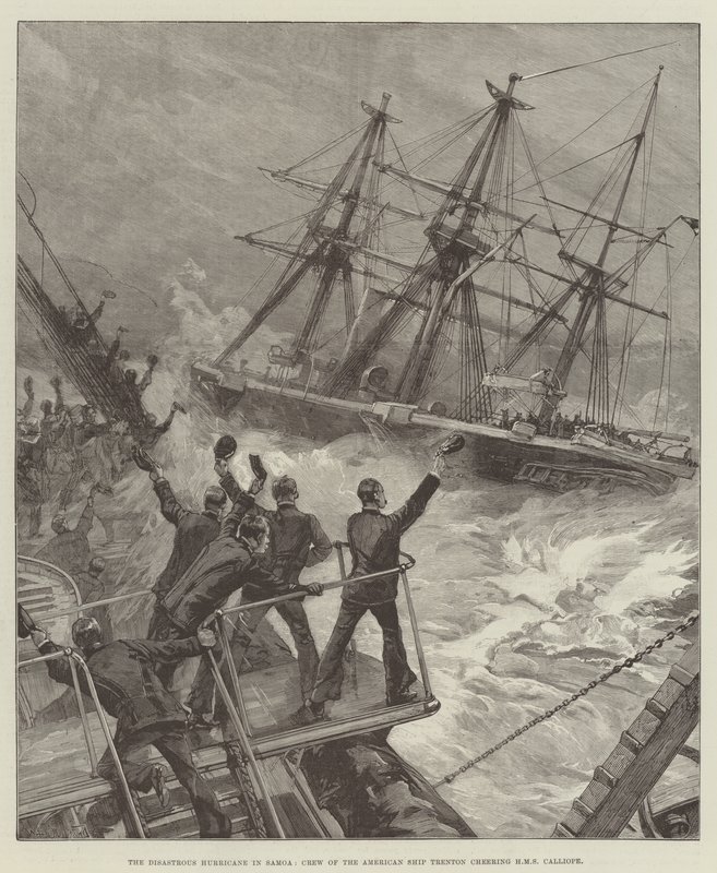 Katastrofalny huragan na Samoa, załoga amerykańskiego statku Trenton dopingująca HMS Calliope autorstwa William Heysham Overend