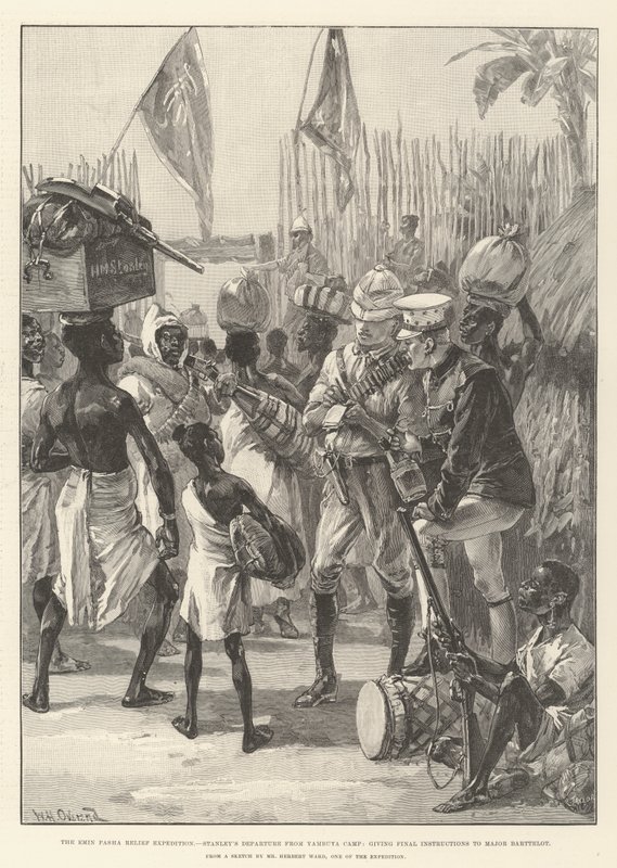 Emin Pasha Relief Expedition, wyjazd Stanleya z obozu Yambuya, udzielanie ostatecznych instrukcji majorowi Barttelotowi autorstwa William Heysham Overend