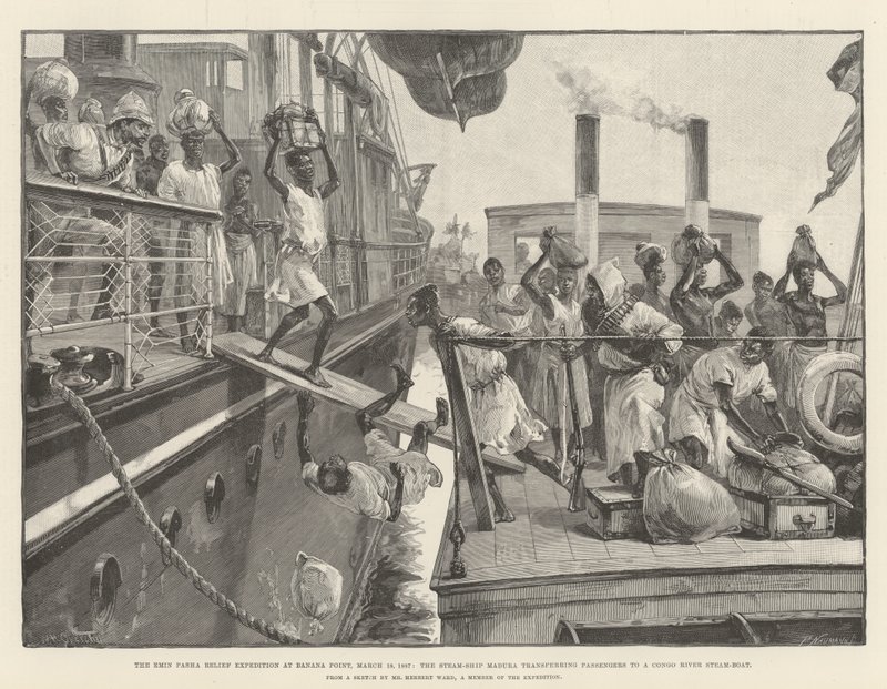 Emin Pasha Relief Expedition w Banana Point, 18 marca 1887, parowiec Madura przenoszący pasażerów na parowiec na rzece Kongo autorstwa William Heysham Overend