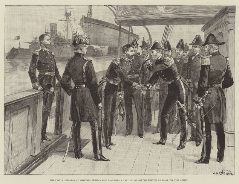 Eskadra francuska w Spithead, admirał Lord Clanwilliam i admirał Gervais spotykają się na pokładzie Królowej Ognia autorstwa William Heysham Overend