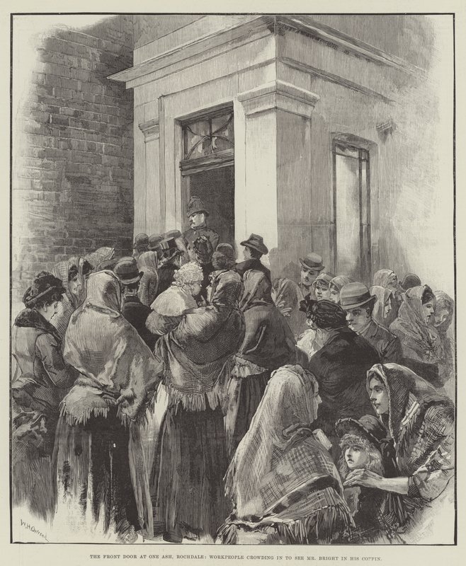 Drzwi wejściowe w One Ash, Rochdale, pracownicy tłoczący się, by zobaczyć pana Brighta w jego trumnie autorstwa William Heysham Overend