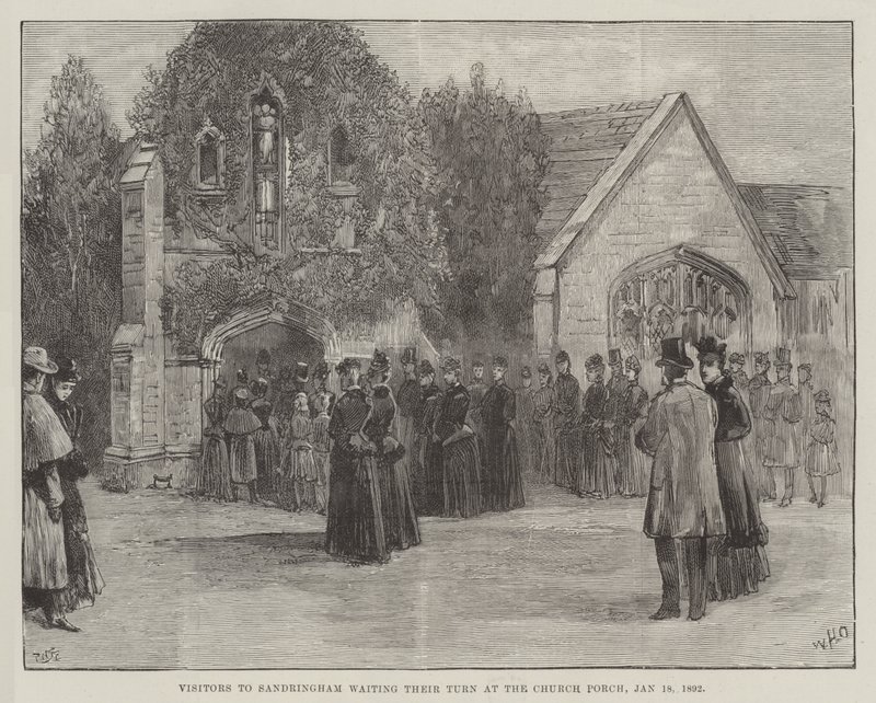Pogrzeb zmarłego księcia Clarence i Avondale, goście Sandringham oczekujący na swoją kolej w kruchcie kościoła, 18 stycznia 1892 r. autorstwa William Heysham Overend