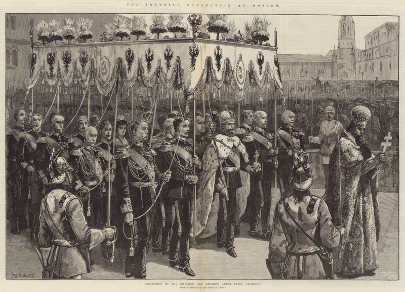 Koronacja cesarska w Moskwie, procesja cesarza i cesarzowej po koronacji autorstwa William Heysham Overend