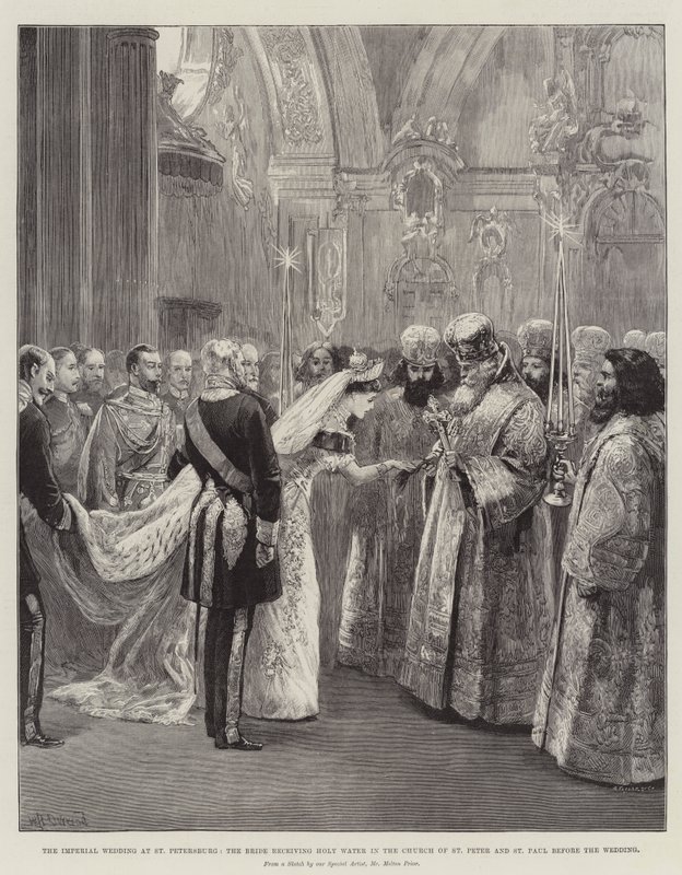 Ślub cesarski w Petersburgu, panna młoda przed ślubem otrzymuje wodę święconą w kościele św. autorstwa William Heysham Overend