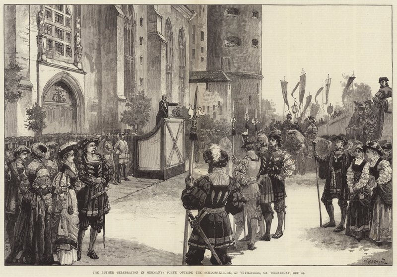 Święto Lutra w Niemczech, scena poza Schloss-Kirche, w Wittenberdze, w środę 31 października autorstwa William Heysham Overend
