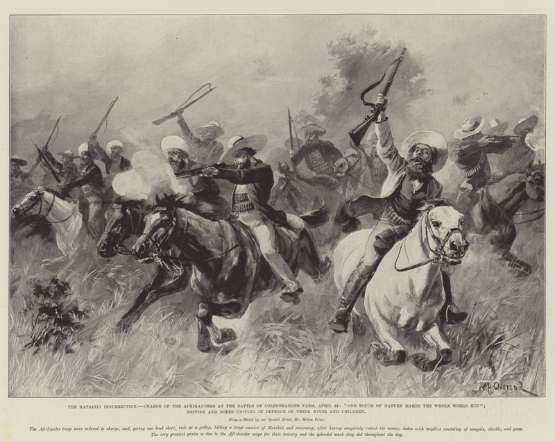 The Matabili Insurrection, Charge of the Afrikanders w bitwie pod Colenbrander Farm, 25 kwietnia, One Touch of Nature czyni cały świat krewnym; Brytyjczycy i Burowie jednoczą się w obronie swoich żon autorstwa William Heysham Overend