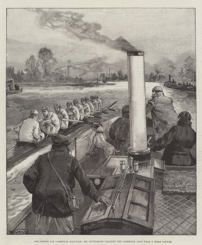 Oxford i Cambridge Boat-Race, pan Muttlebury szkoli załogę Cambridge przed startem Steam autorstwa William Heysham Overend