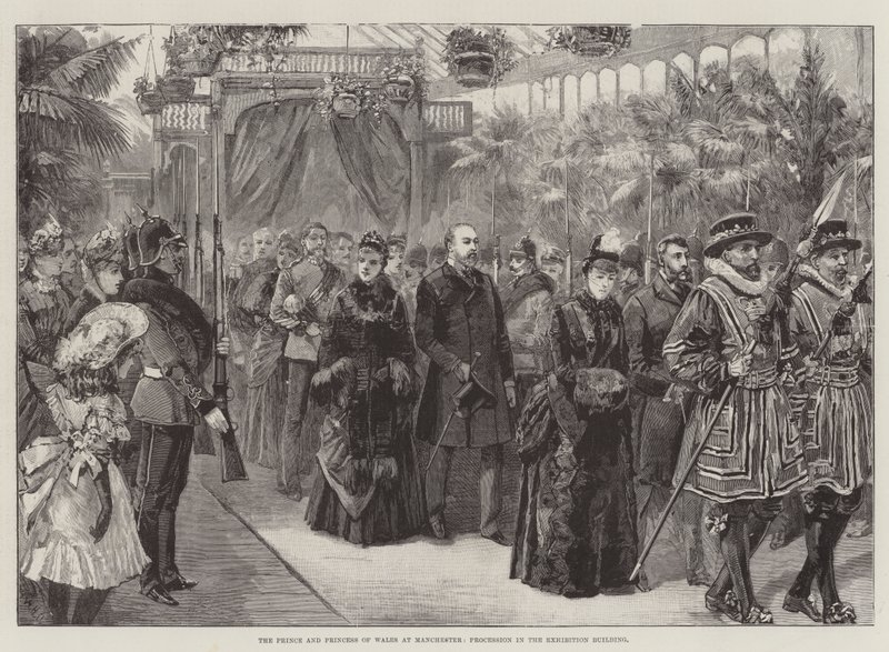 Książę i księżna Walii w Manchesterze, procesja w budynku wystawowym autorstwa William Heysham Overend