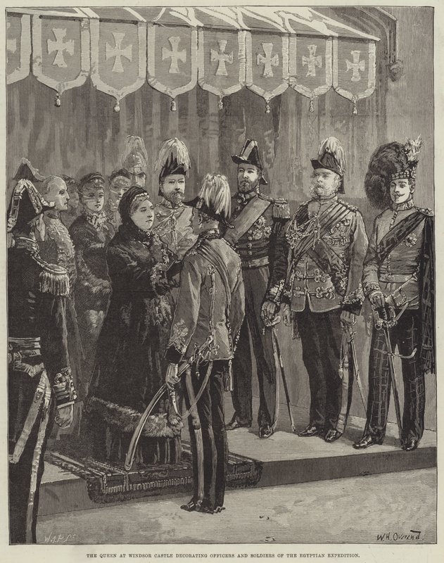 Królowa w zamku Windsor dekorująca oficerów i żołnierzy egipskiej ekspedycji autorstwa William Heysham Overend