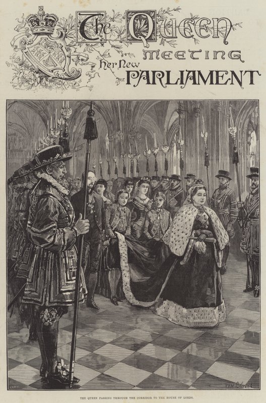 Królowa spotyka się z nowym parlamentem, przechodząc przez korytarz do Izby Lordów autorstwa William Heysham Overend