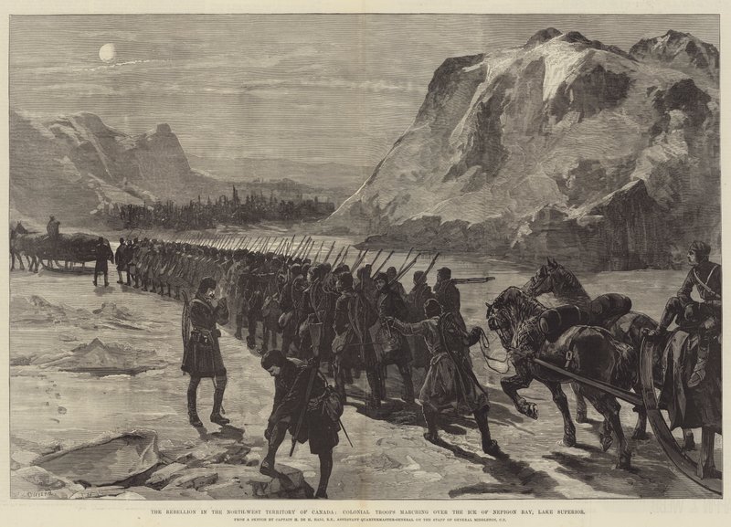 Rebelia na północno-zachodnim terytorium Kanady, wojska kolonialne maszerujące po lodzie w zatoce Nepigon, Lake Superior autorstwa William Heysham Overend