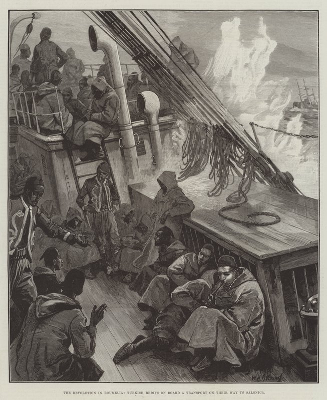 Rewolucja w Rumelii, tureccy redifowie na pokładzie transportu w drodze do Salonik autorstwa William Heysham Overend