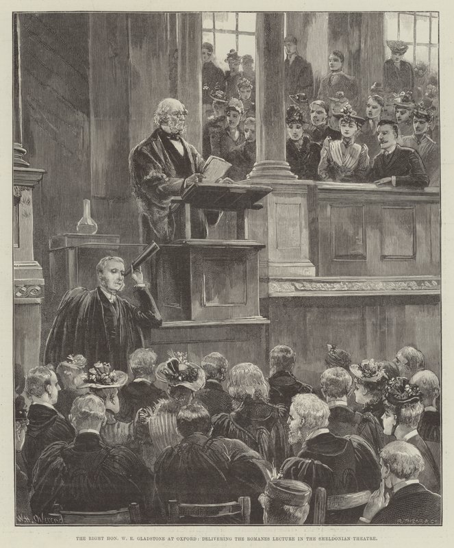 Szanowny W. E. Gladstone w Oksfordzie, wygłaszając wykład Romana w Sheldonian Theatre autorstwa William Heysham Overend