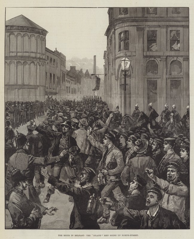 Zamieszki w Belfaście, Ludzie z Wyspy idący North-Street autorstwa William Heysham Overend