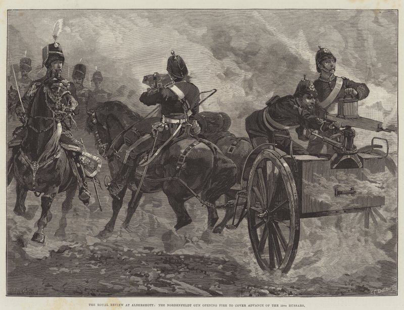 Królewski przegląd w Aldershott, działo Nordenfeldt otwiera ogień, by osłaniać natarcie 10. huzarów. autorstwa William Heysham Overend