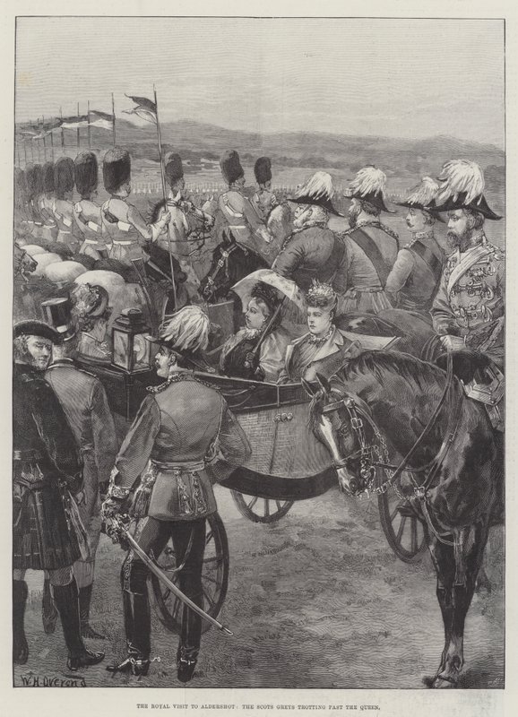 Królewska wizyta w Aldershot, Scots Greys kłusujący obok królowej autorstwa William Heysham Overend
