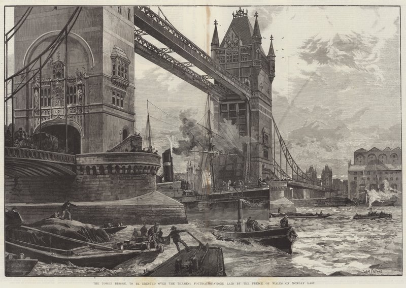 Tower Bridge, który ma zostać wzniesiony nad Tamizą, kamień węgielny położony przez księcia Walii w poniedziałek zeszłego autorstwa William Heysham Overend