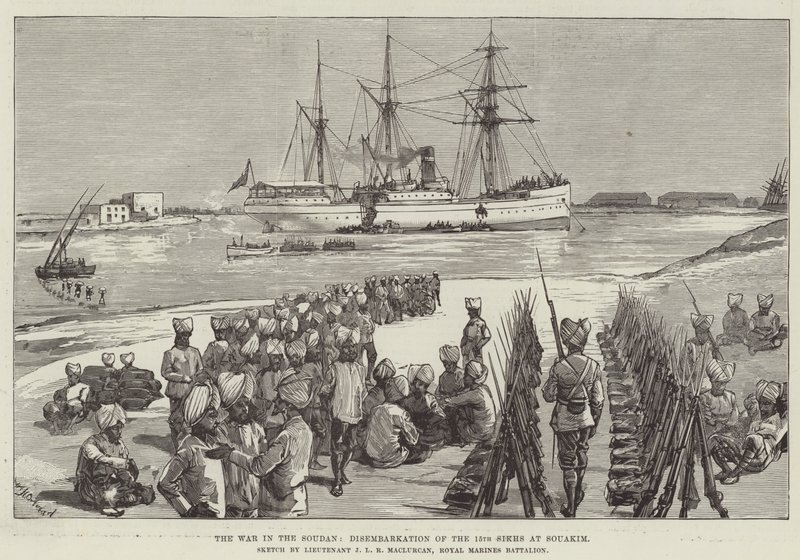 Wojna w Sudanie, wyokrętowanie 15 Sikhów w Souakim autorstwa William Heysham Overend