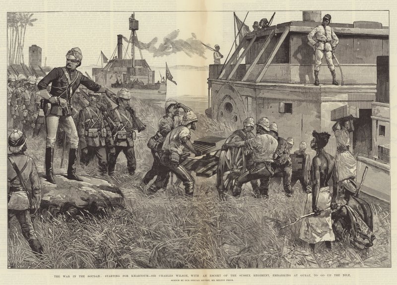 Wojna w Sudanie, rozpoczynająca się w Chartumie, sir Charles Wilson, z eskortą pułku Sussex, zaokrętowaną na Gubat, by udać się w górę Nilu autorstwa William Heysham Overend