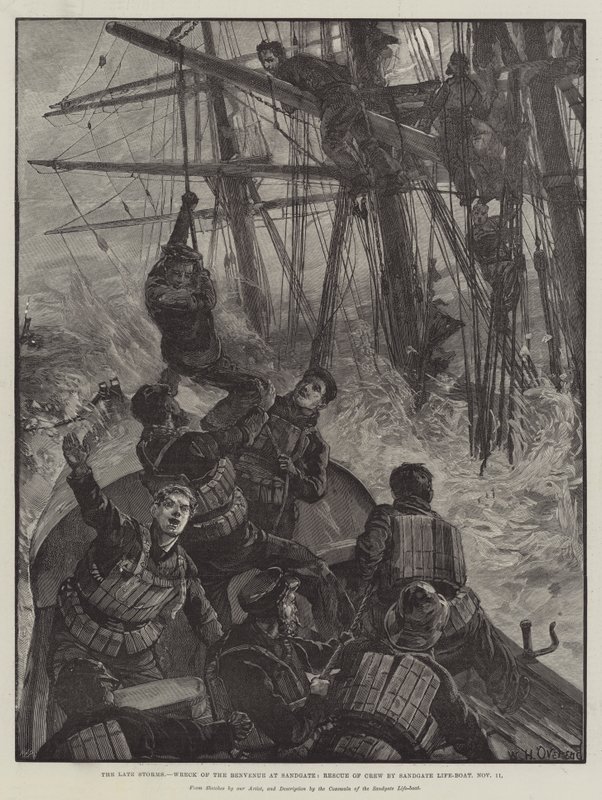 Późne burze, Wrak Benvenue w Sandgate, Rescue of Crew przez łódź ratunkową Sandgate, 11 listopada autorstwa William Heysham Overend