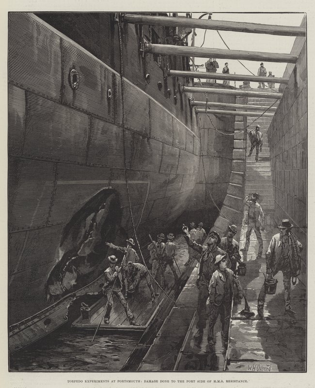 Eksperymenty torpedowe w Portsmouth, uszkodzenia lewego boku oporu HMS autorstwa William Heysham Overend