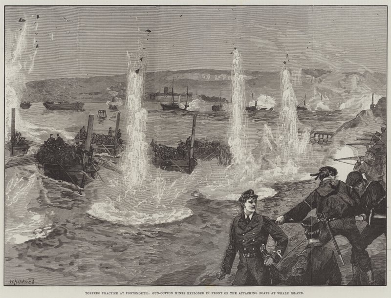 Praktyka torpedowa w Portsmouth, miny z bronią bawełnianą eksplodowały przed atakującymi łodziami na Wyspie Wielorybów autorstwa William Heysham Overend