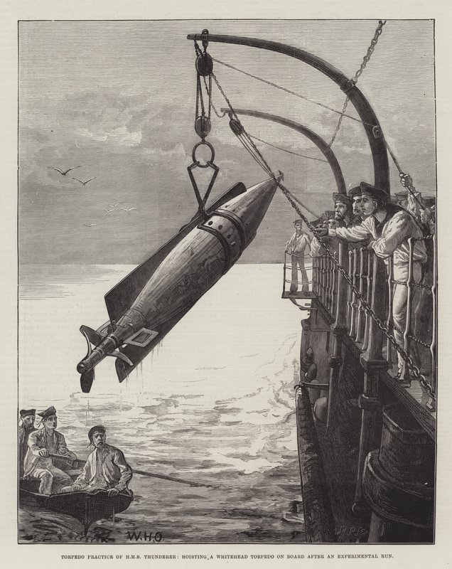 Praktyka torpedowa HMS Thunderer, podnoszenie torpedy Whitehead na pokład po serii eksperymentalnej autorstwa William Heysham Overend