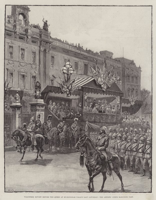 Przegląd wolontariuszy przed królową w Pałacu Buckingham W ubiegłą sobotę maszerował Korpus Artystów autorstwa William Heysham Overend