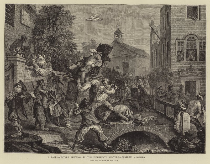 Wybory parlamentarne w XVIII wieku, przewodniczące posłowi autorstwa William Hogarth