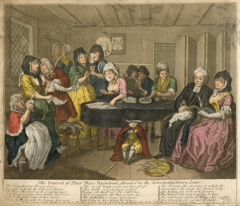 Pogrzeb biednej Mary Hackabout, w którym uczestniczyli siostry Drury Lane autorstwa William Hogarth