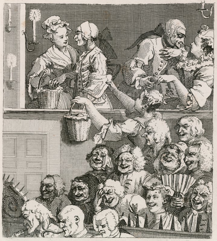 Roześmiana publiczność. Widok Hogartha na Drury Lane z pomarańczowymi dziewkami w 1733 r. autorstwa William Hogarth