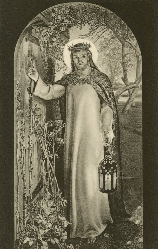 Światło świata, obraz w Keble College, Oxford, Oxfordshire, przedstawiający Chrystusa niosącego latarnię i pukającego do drzwi (zdjęcie czarno-białe) autorstwa William Holman (after) Hunt