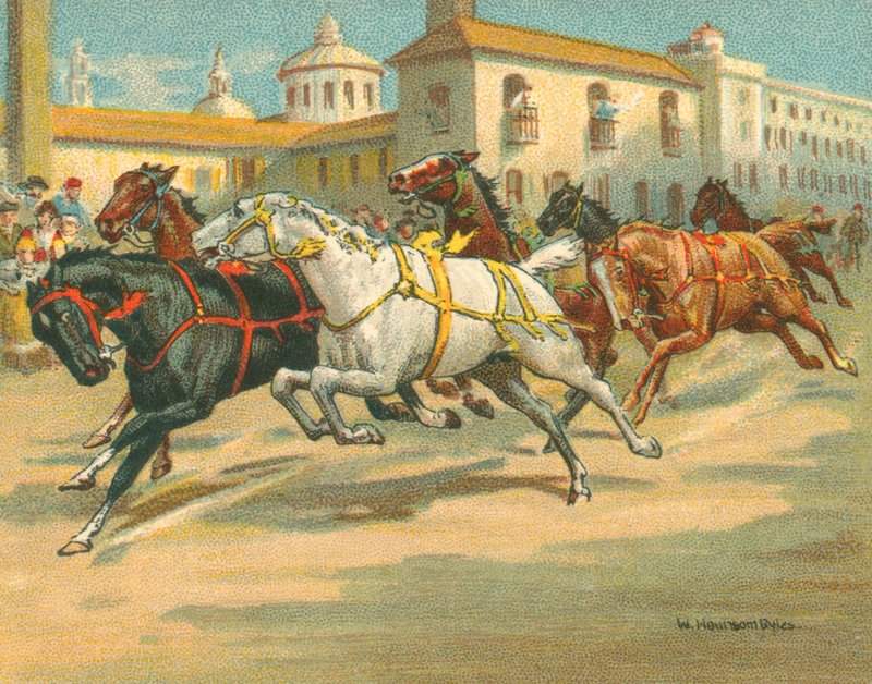 Wyścigi Historyczne i nowoczesne wyścigi konne bez jeźdźców we Włoszech (chromolitho) autorstwa William Hounsom Byles