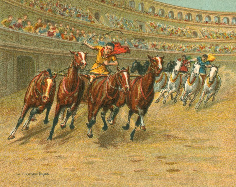 Wyścigi historyczne i współczesne, wyścigi rydwanów rzymskich (chromolitho) autorstwa William Hounsom Byles