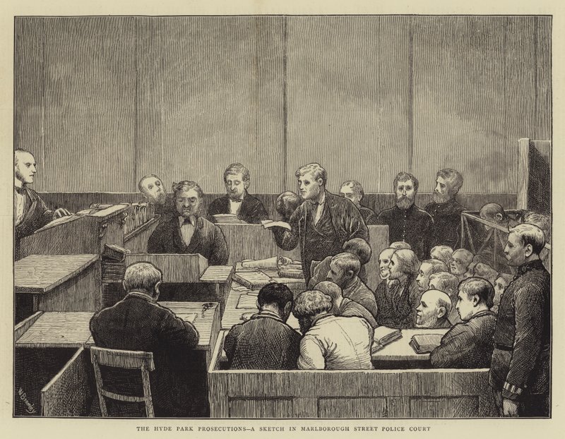 Oskarżenia w Hyde Parku, szkic w sądzie policyjnym przy Marlborough Street autorstwa William III Bromley