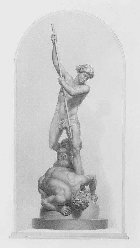 Michael and Satan, z grupy marmuru Flaxman, RA, grawer W Roffe (ryt) autorstwa William John Roffe