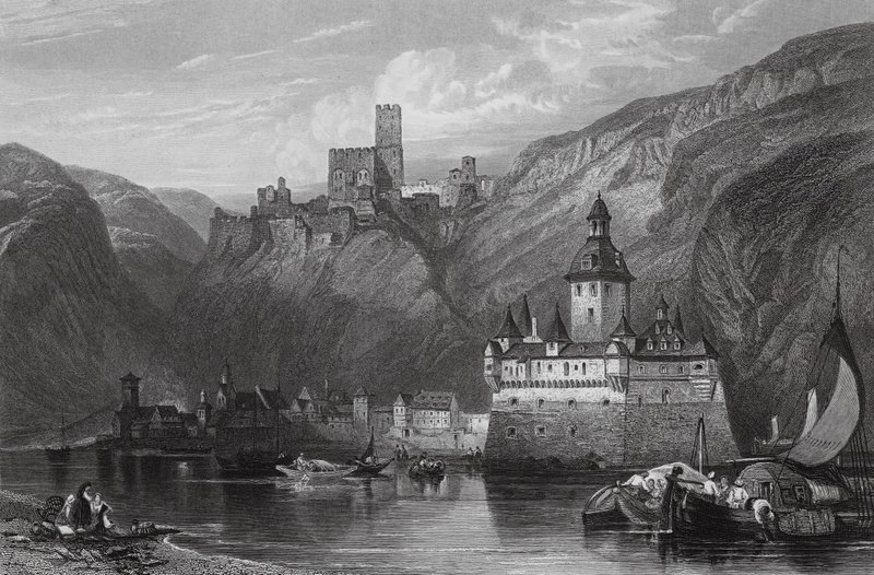 Caub, zamek Gutenfels i Palatynat, Ren (rycina) autorstwa William Leighton (after) Leitch