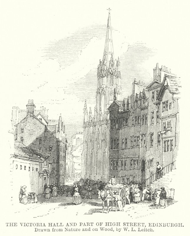 Victoria Hall i część High Street w Edynburgu (grawerowanie) autorstwa William Leighton (after) Leitch