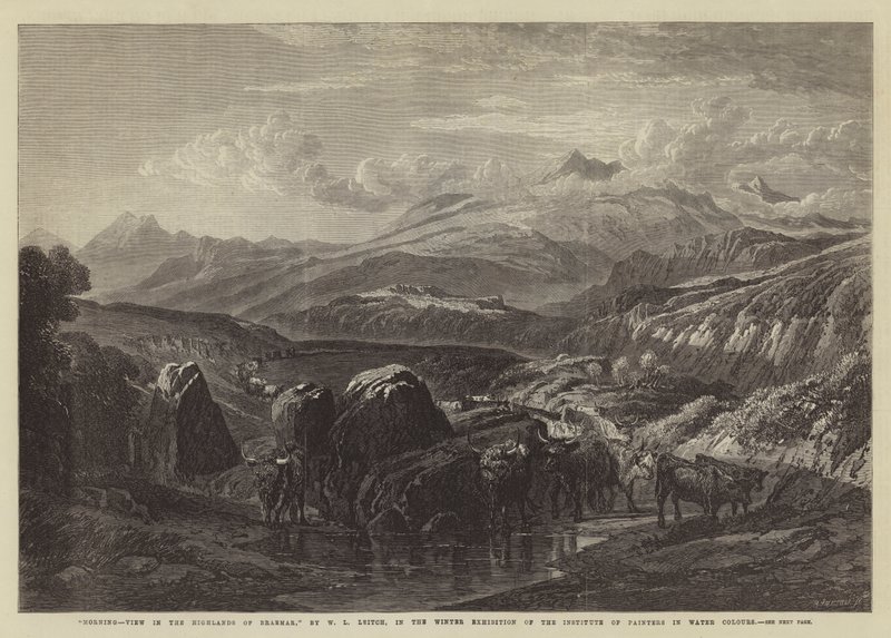 Poranek, Widok na Wyżyny Braemar, na Zimowej Wystawie Instytutu Malarzy w Akwarelach autorstwa William Leighton Leitch