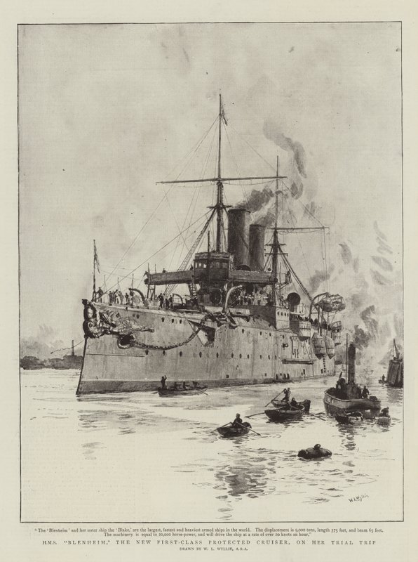 HMS Blenheim, nowy chroniony krążownik pierwszej klasy, w podróży próbnej autorstwa William Lionel Wyllie