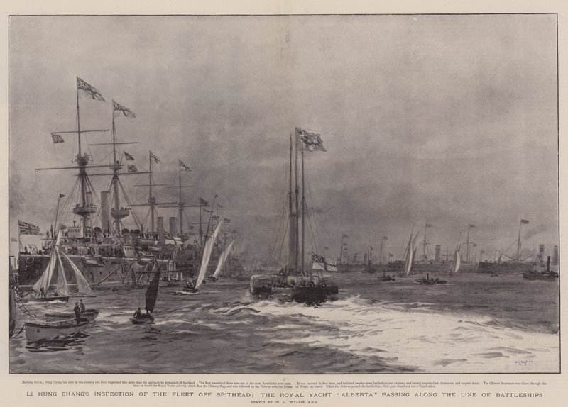 Inspekcja floty Li Hung Chang w pobliżu Spithead, królewskiego jachtu Alberta przechodzącego wzdłuż linii pancerników autorstwa William Lionel Wyllie