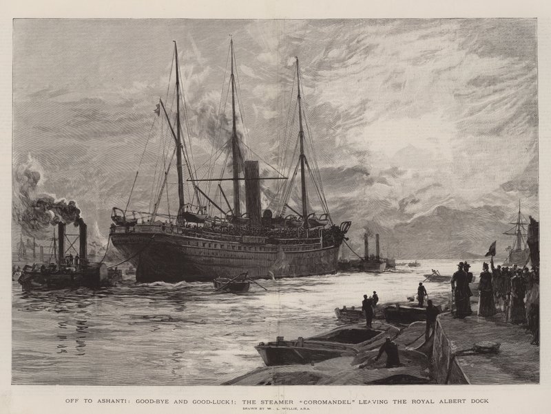 Do Ashanti, Good-Bye and Good-Luck! Parowiec Coromandel opuszcza Royal Albert Dock. autorstwa William Lionel Wyllie