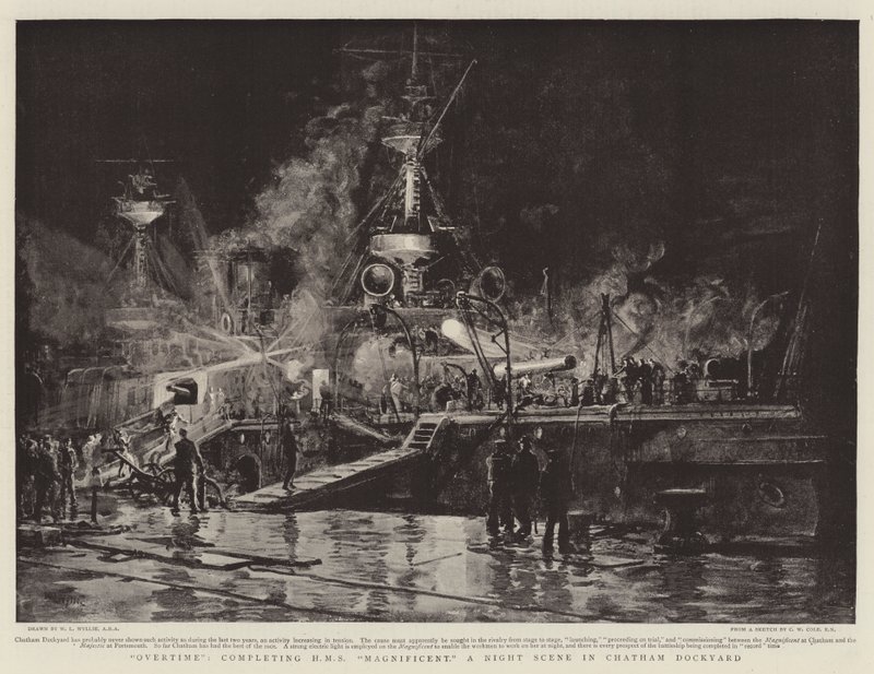 Nadgodziny, ukończenie HMS Magnificent, nocnej sceny w Chatham Dockyard autorstwa William Lionel Wyllie