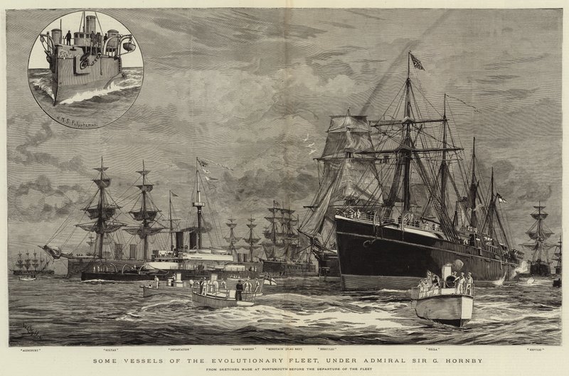 Niektóre statki floty ewolucyjnej pod dowództwem admirała Sir G Hornby autorstwa William Lionel Wyllie
