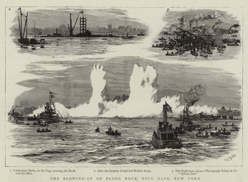 Wysadzenie Flood Rock, Hell Gate, Nowy Jork autorstwa William Lionel Wyllie