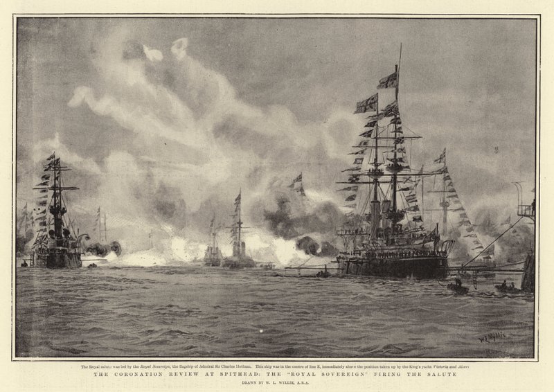 Przegląd koronacyjny w Spithead, królewski suweren strzelający salutem autorstwa William Lionel Wyllie
