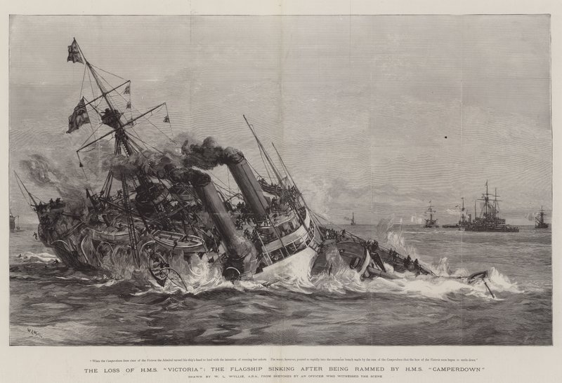 Utrata HMS Victoria, okrętu flagowego, który zatonął po staranowaniu przez HMS Camperdown autorstwa William Lionel Wyllie