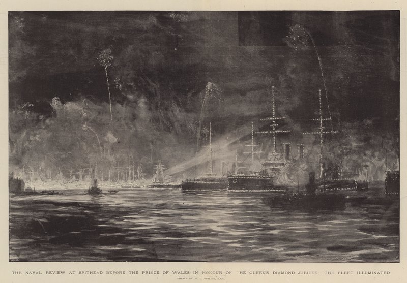Przegląd Marynarki Wojennej w Spithead przed Księciem Walii na cześć Diamentowego Jubileuszu Królowej Floty Oświeconej autorstwa William Lionel Wyllie