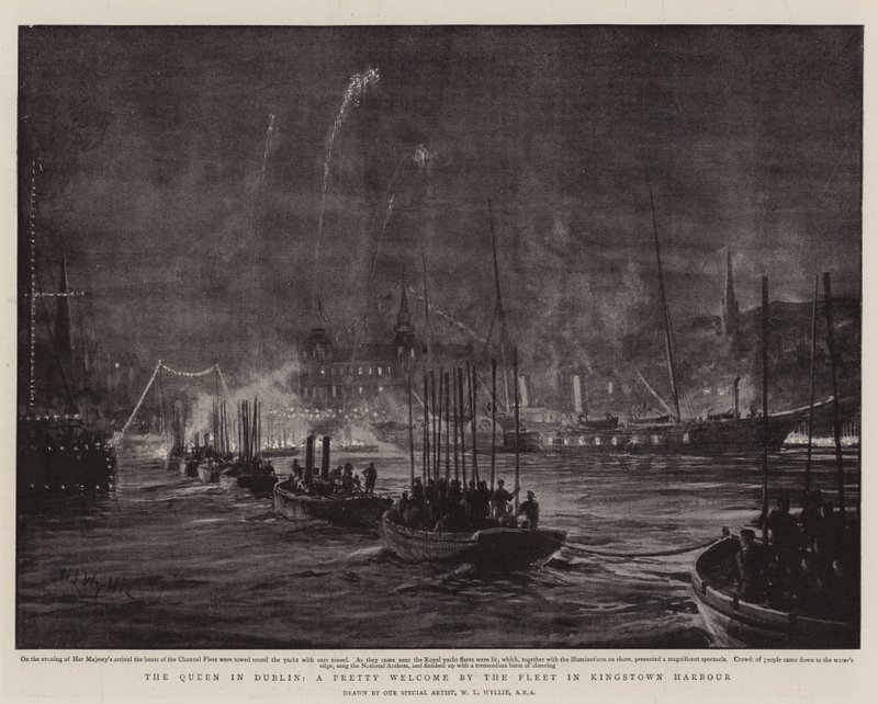 Królowa w Dublinie, miłe powitanie przez flotę w porcie Kingstown autorstwa William Lionel Wyllie